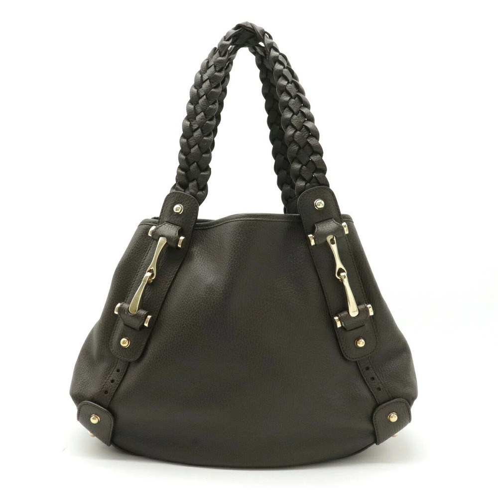 Gucci Horsebit Braided Shoulder Bag Hobo Leather Charcoal Black Brown